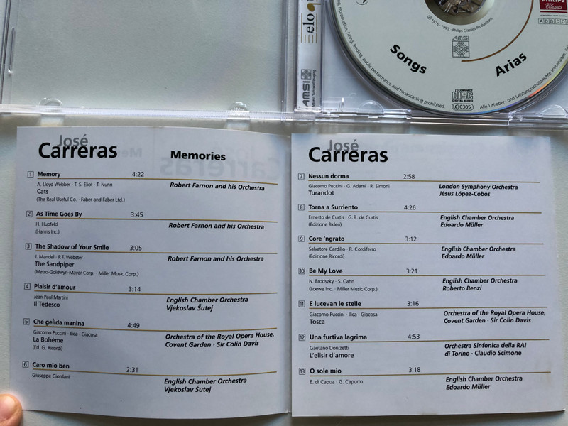 Jose Carreras - Memories / Sir Colin Davis, Vjekoslav Šutej, Robert Farnon and his Orchestra, English Chamber Orchestra, Orchestra of the Royal Opera House, Covent Garden / Philips Classics Audio CD / 468 121-2