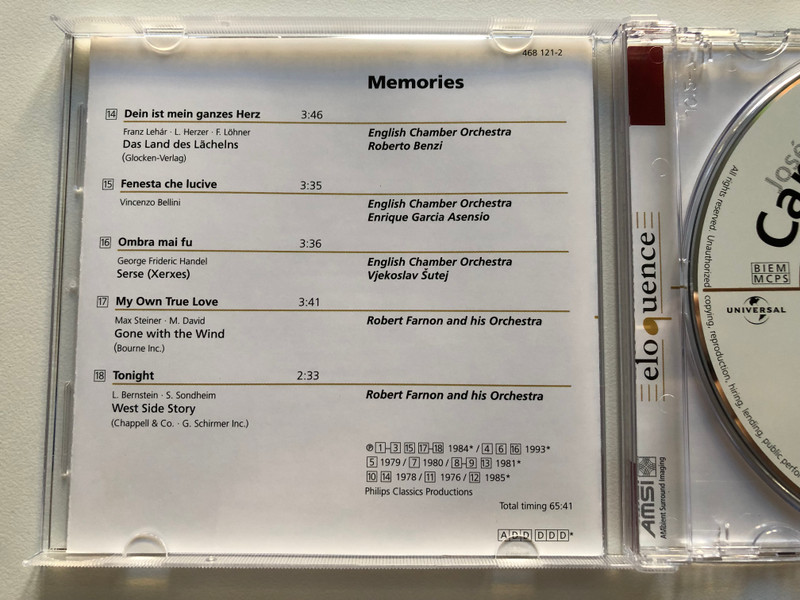Jose Carreras - Memories / Sir Colin Davis, Vjekoslav Šutej, Robert Farnon and his Orchestra, English Chamber Orchestra, Orchestra of the Royal Opera House, Covent Garden / Philips Classics Audio CD / 468 121-2