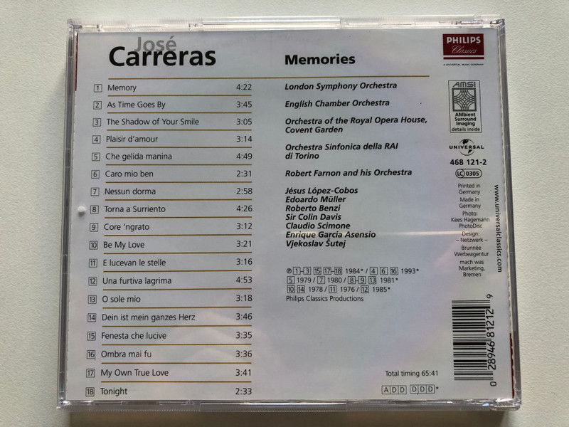 Jose Carreras - Memories / Sir Colin Davis, Vjekoslav Šutej, Robert Farnon and his Orchestra, English Chamber Orchestra, Orchestra of the Royal Opera House, Covent Garden / Philips Classics Audio CD / 468 121-2