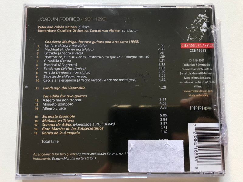 Joaquin Rodrigo, Katona Twins, Rotterdam Chamber Orchestra, Conrad van Alphen – Concierto Madrigal For Two Guitars And Orchestra , Tonadilla For Two Guitars  Channel Classics CD Audio 2001