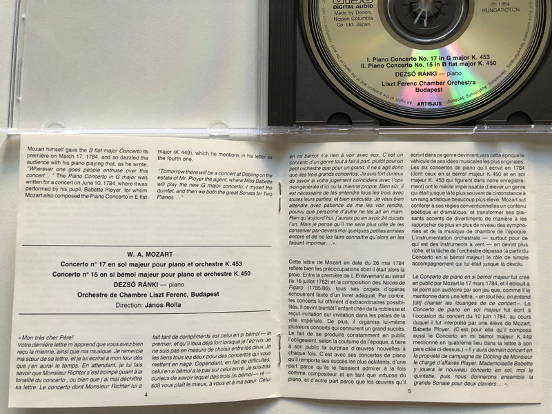 Mozart, Dezső Ránki, Liszt Ferenc Chamber Orchestra, Budapest, János Rolla – Piano Concertos In G Major K. 453 & In B Flat Major K. 450 / Hungaroton CD Audio 1985 (HCD-12655 1A1-53) 