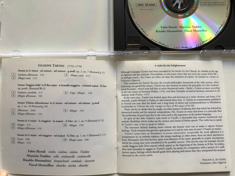 Tartini - Five Sonatas For Violin And Basso Continuo; Staggion Bella; Didone Abbandonata / Fabio Biondi, Maurizio Naddeo, Rinaldo Alessandrini, Pascal Montheillet / Opus 111 Audio CD 1992 / OPS 59-9205
