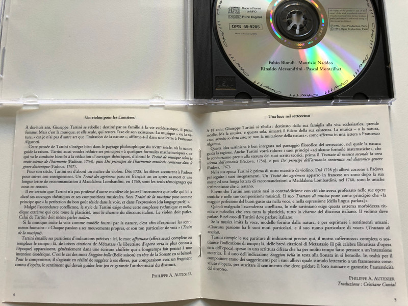 Tartini - Five Sonatas For Violin And Basso Continuo; Staggion Bella; Didone Abbandonata / Fabio Biondi, Maurizio Naddeo, Rinaldo Alessandrini, Pascal Montheillet / Opus 111 Audio CD 1992 / OPS 59-9205