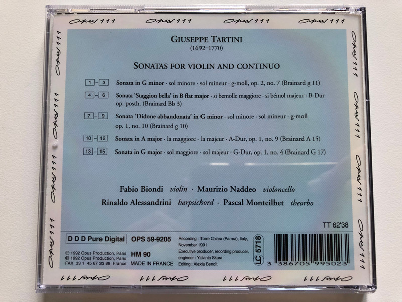 Tartini - Five Sonatas For Violin And Basso Continuo; Staggion Bella; Didone Abbandonata / Fabio Biondi, Maurizio Naddeo, Rinaldo Alessandrini, Pascal Montheillet / Opus 111 Audio CD 1992 / OPS 59-9205