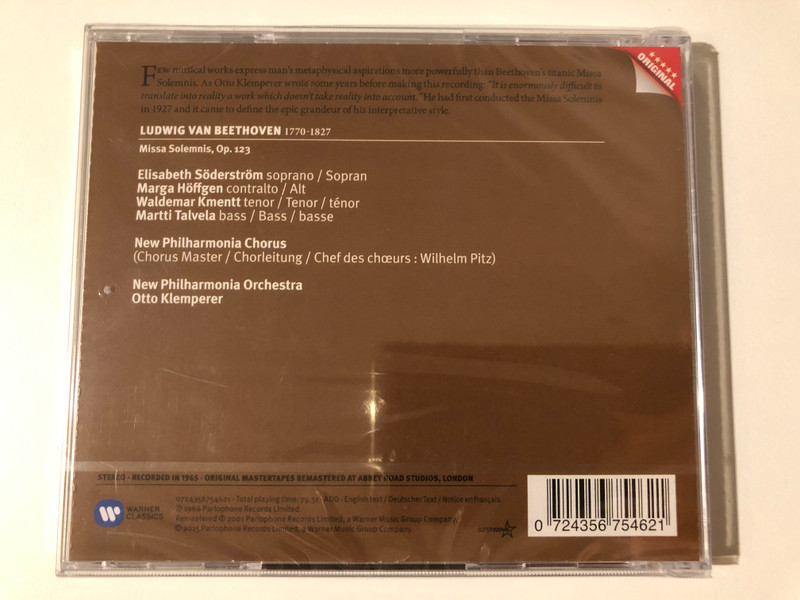 Beethoven: Missa solemnis - Otto Klemperer / Elisabeth Søderstrøm, Marga Höffgen, Waldemar Kmentt, Martti Talvela / New Philharmonia Chorus, New Philharmonia Orchestra / Warner Classics Audio CD 2015 / 0724356754621
