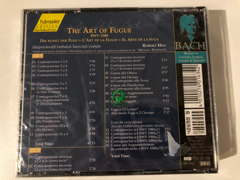 Johann Sebastian Bach - The Art Of Fugue BWV 1080 - Robert Hill (harpsichord) / Hänssler Edition Bachakademie 2x Audio CD 1998 / CD 92.134