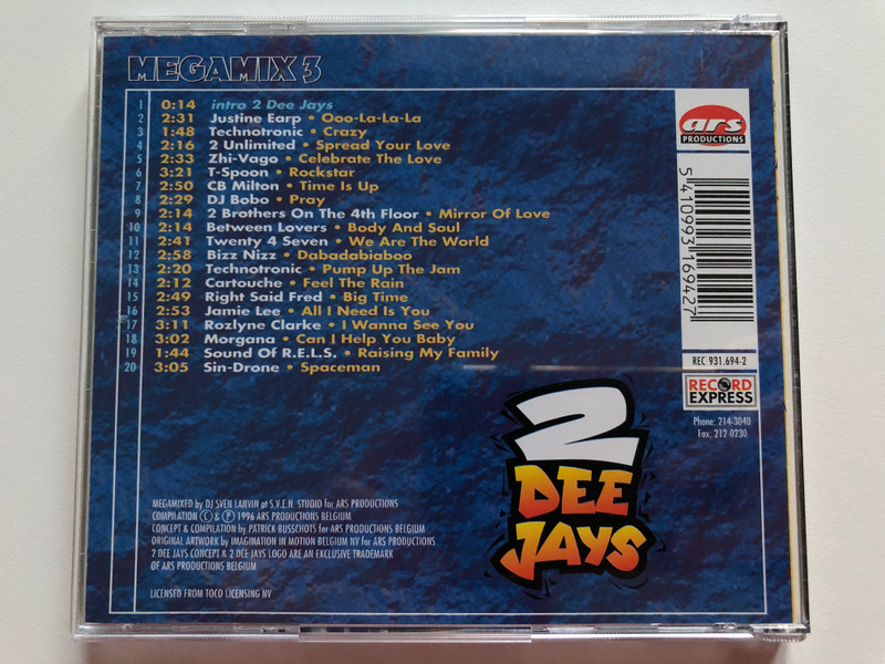 2 Dee Jays – Megamix 3 / Zhi-Vago, DJ Bobo, Technotronic, 2 Unlimited, 2 Brothers On The 4th Floor, CB Milton, Twenty 4 Seven, Right Said Fred / Non Stop Dance Hits / Record Express Audio CD 1996 / REC 931.694-2