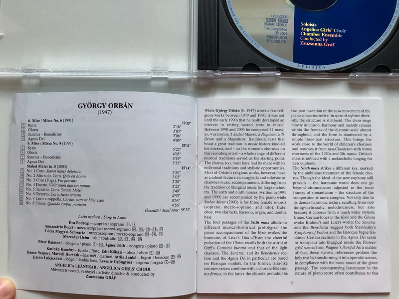 Orban - Missa No. 6, Missa No. 9, Stabat Mater in B / Annamaria Bucsi, Eva Bodrogi, Lucia Megyesi-Shwartz, Mercedes Heim, Chamber Ensemble, Angelica Girl's Choir, Zsuzsanna Graf / Hungaroton Classic Audio CD 2004 Stereo / HCD 32306