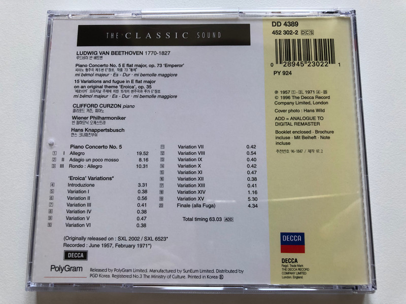 Curzon - Beethoven - Piano Concerto No. 5, Eroica Variations - "Emperor" / Wiener Philharmoniker, Hans Knappertsbusch / The Classic Sound / Decca Audio CD 1996 Stereo / 452 302-2