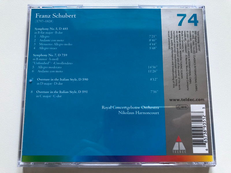 Schubert - Symphony No. 5, Symphony No. 7, Overtures / Royal Concertgebouw Orchestra, Nikolaus Harnoncourt / Basic Edition - 74 / TELDEC Audio CD 2001 / 8573-89351-2