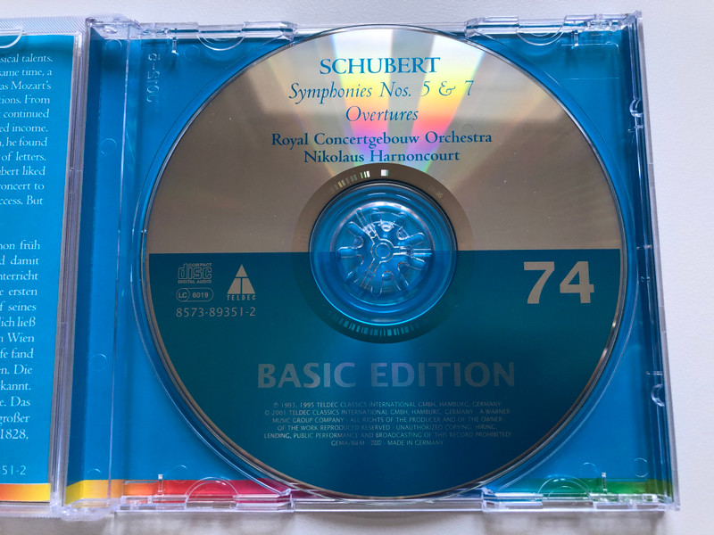 Schubert - Symphony No. 5, Symphony No. 7, Overtures / Royal Concertgebouw Orchestra, Nikolaus Harnoncourt / Basic Edition - 74 / TELDEC Audio CD 2001 / 8573-89351-2