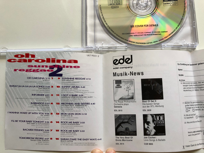 Oh Carolina - Sunshine Reggae 2 / Sweat (A-La-La-La-La-Long), Bacardi Feeling, Sunshine Reggae, Iron Lion Zion, I Got U Babe, and many others / Ultrapop Audio CD 1993 / ULT 9551-2 
