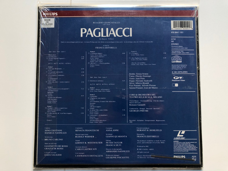 Ruggiero Leoncavallo, Placido Domingo, Teresa Stratas, Juan Pons, Coro Del Teatro Alla Scala & Orchestra Del Teatro Alla Scala, Georges Prêtre – Cavalleria Rusticana  Philips Laser Disc CD Video 1984 (044007020418
