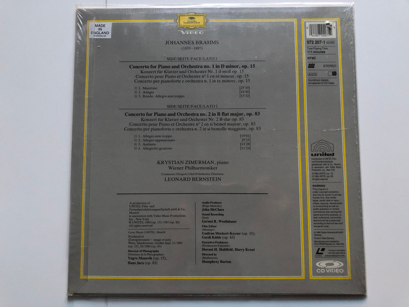 Johannes Brahms – Wiener Philharmoniker, Krystian Zimerman · Leonard Bernstein – Klavierkonzert - Piano Concert No. 1  LaserDisc CD Video 1984 (04400722071