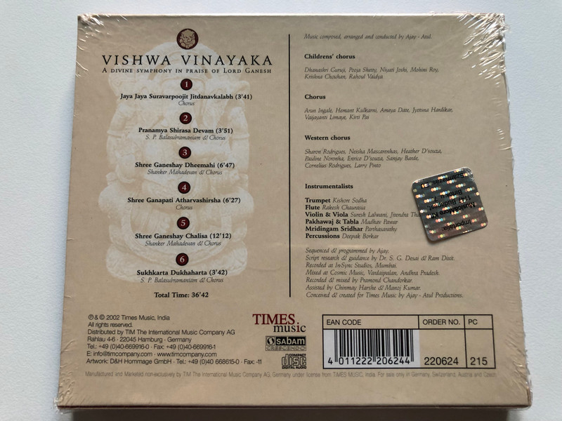 Ajay – Atul Featuring S. P. Balasubramaniam & Shanker Mahadevan ‎– Vishwa Vinayaka (A Divine Symphony In Praise Of Lord Ganesh) (2001) Ajay-Atul Pre-Owned Times Music  CD Audio 2001 (4011222206244