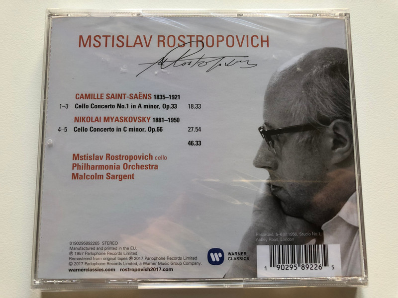 Saint-Saens - Cello Concerto No. 1 In A Minor, Op. 33, Myaskovsky - Cello Concerto, Op. 66 / Mstislav Rostropovitch, Philharmonia Orchestra, Malcolm Sargent / Warner Classics Audio CD 2017 / 0190295892265