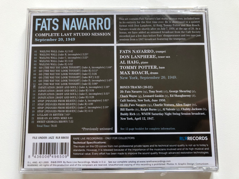 Fats Navarro – Complete Last Studio Session Setember 20, 1949 / RLR Records Audio CD 2009 / RLR 88650