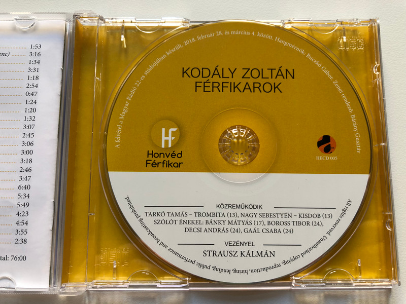 Kodaly Zoltan Ferfikarok - Kozremukodik Tarko Tamas (trombita), Nagy Sebestyen (kisdob), Szolot Enekel: Banky Matyas, Boross Tibor, Decsi Andras, Gaal Csaba, Vezenyel: Strausz Kalman / Honved Ferfikar Audio CD 2018 / HECD 005