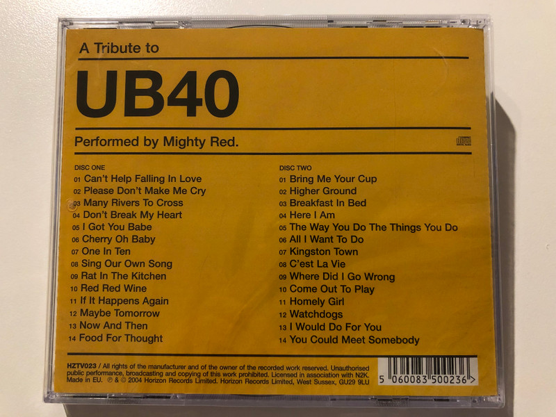 A Tribute To UB40 - Performed by Mighty Red. / Features: I Got You Babe, Red Red Wine, Kingston Town, Can't Help Falling In Love, Higher Ground, Rat In The Kitchen, Bring Me Your Cup / Horizon Records Limited 2x Audio CD 2004 / HZTV023