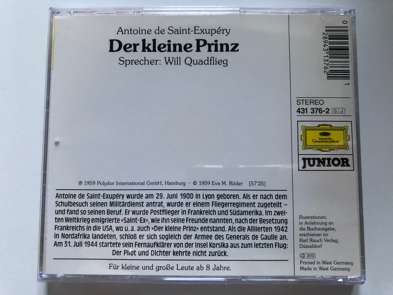 Der Kleine Prinz - von Antoine de Saint-Exupéry - gesprochen von Will Quadflieg / Deutsche Grammophon Junior / Deutsche Grammophon Audio CD Stereo / 431 376-2