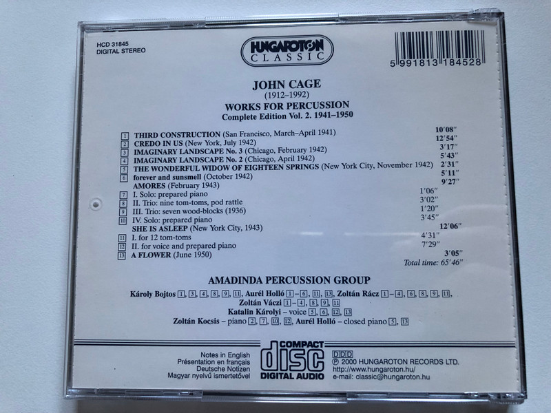 John Cage - Works For Percussion Vol.2 (1941 - 1950) - Legacies 3, Amadinda Percussion Group, Katalin Károlyi, Zoltán Kocsis / Hungaroton Classic Audio CD 2000 Stereo / HCD 31845