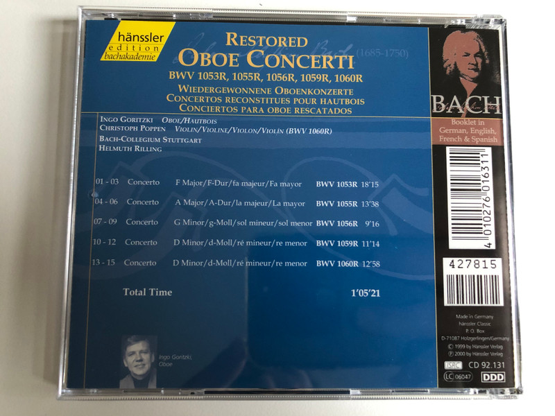 Johann Sebastian Bach - Restored Oboe Concerti BWV 1053R, 1055R, 1056R, 1059R, 1060R / Ingo Goritzki - oboe, Christoph Poppen - violin, Bach-Collegium Stuttgart, Helmuth Rilling / Hänssler Classic Audio CD 2000 / CD 92.131