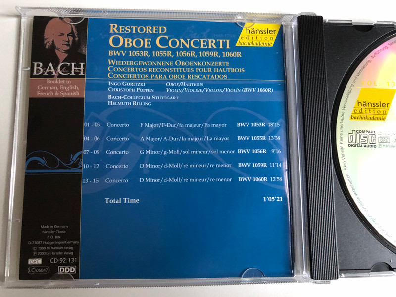 Johann Sebastian Bach - Restored Oboe Concerti BWV 1053R, 1055R, 1056R, 1059R, 1060R / Ingo Goritzki - oboe, Christoph Poppen - violin, Bach-Collegium Stuttgart, Helmuth Rilling / Hänssler Classic Audio CD 2000 / CD 92.131