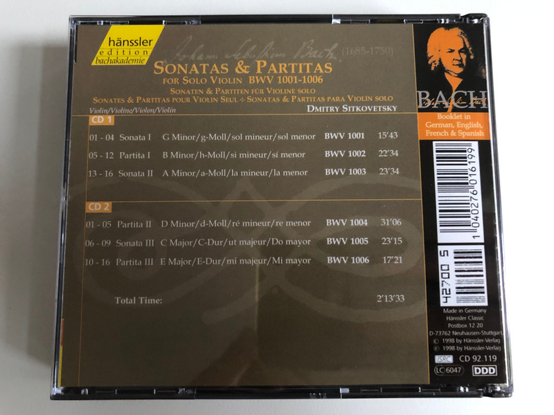 Johann Sebastian Bach - Sonatas & Partitas For Solo Violin BWV 1001-1006 / Dmitry Sitkovetsky - violin / Hänssler Edition Bachakademie 2x Audio CD 1998 / CD 92.119