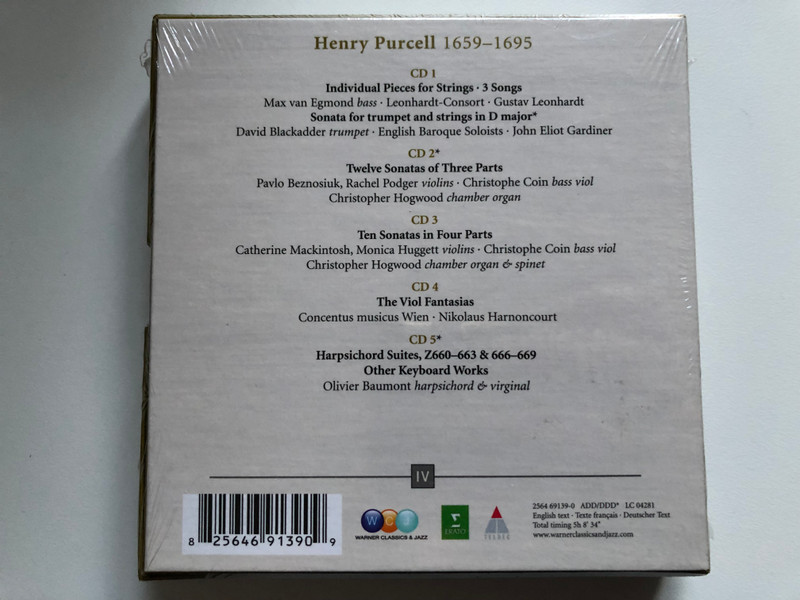 Purcell Edition IV - Instrumental Music / Harnoncourt, Leonhardt, Gardiner, Hogwood, Baumont / Teldec 5x Audio CD / 2564 69139-0