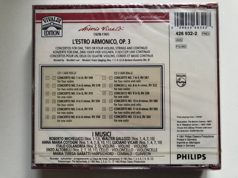 Vivaldi - 12 Concerti Op. 3 ''L'Estro Armonico'', I Musici- Roberto Michelucci / Philips Vivaldi Edition - 3 / Philips Classics 2x Audio CD 1991 / 426 933-2