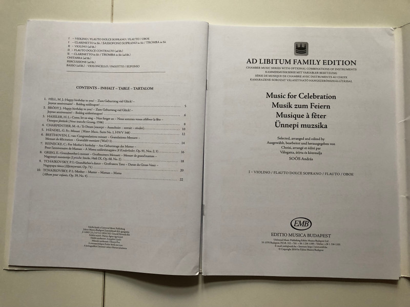 Music for Celebration, Chamber music series with optional combinations of instruments, score and parts / Soós András Guitar part by Mosóczi Miklós / Editio Musica Budapest Zeneműkiadó / 2016 (9790080149638)