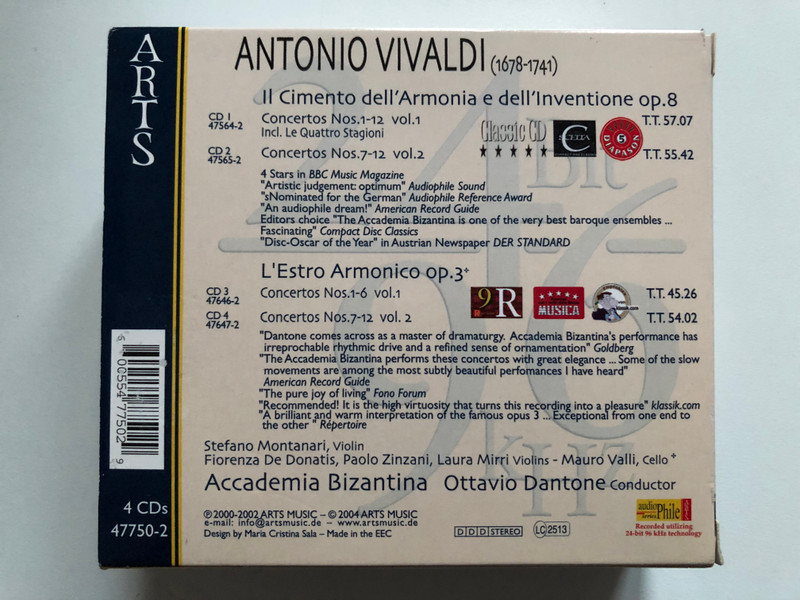 Vivaldi - Il Cimeto dell'Armonia e dell'Inventione op. 8, Concertos Nos. 1-12, incl. Le Quattro Stagioni, L'estro Armonico Op. 3, Concertos Nos. 1-12 / Stefano Montanari,F. De Donatis, P. Zinzani, L. Mirri, M. Valli / Arts Music 4x Audio CD 2004 / 47750-2