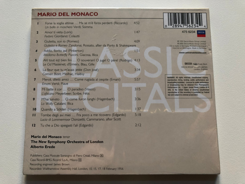 Great Tenor Arias - Mario Del Monaco / New Symphony Orchestra Of London, Erede / Classic Recitals / Decca Audio CD 2004 / 475 6234