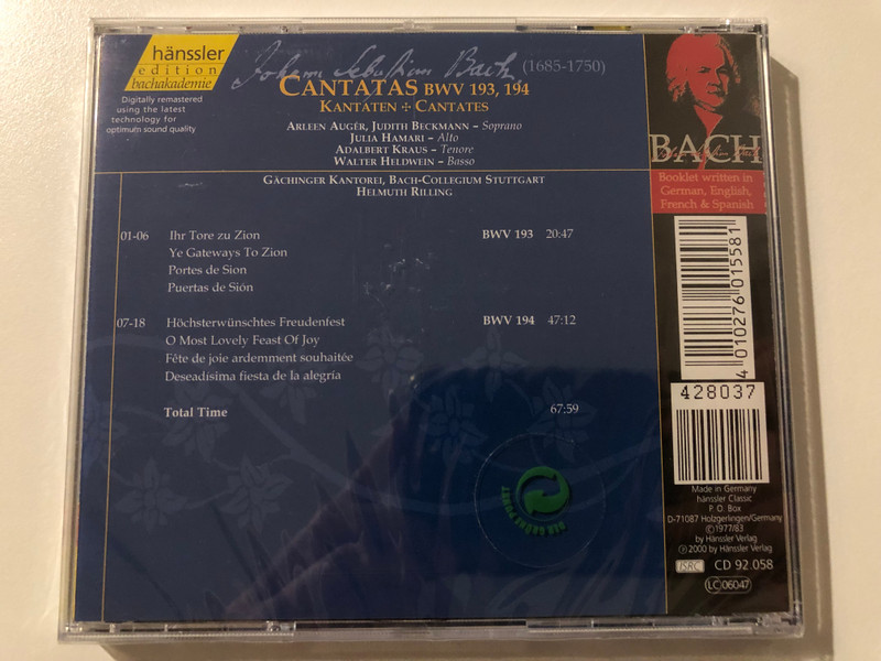 Johann Sebastian Bach - Cantatas BWV 193, 194 / Ihr Tore zu Zoin, Hochsterwunschtes Freudenfest / Bach-Ensemble, Helmuth Rilling / Hänssler Classic Audio CD 2000 / CD 92.058