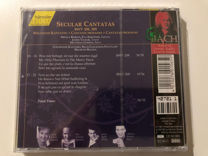 Johann Sebastian Bach - Secular Cantatas BWV 208, 209 / Was Mir Behagt Ist Nur Die Muntre Jagd, Non Sa Che Sia Dolore / Sibylla Rubens, Eva Kirchner, James Taylor, Matthias Goerne / Hänssler Classic Audio CD 1999 / CD 92.065