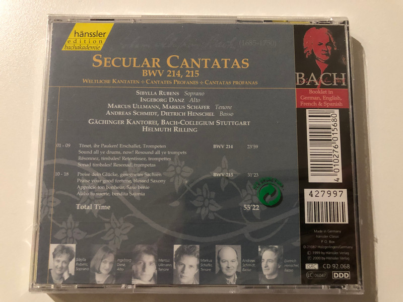 Johann Sebastian Bach - Secular Cantatas BWV 214, 215 / Tönet,Ihr Pauken! Erschallet,Trompeten, Preise Dein Glücke, Gesegnetes Sachsen / Sibylla Rubens, Ingeborg Danz/ Hänssler Classic Audio CD 2000 / CD 92.068