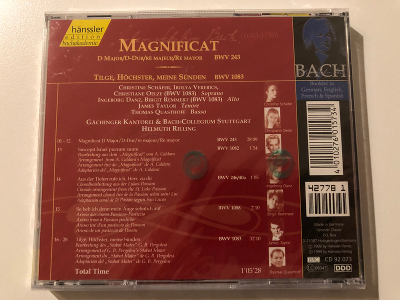 Johann Sebastian Bach - Magnificat D Major BWV 243 / Tilge, Höchster, Meine Sünden BWV 1083 / Christine Schafer, Ibolya Verebics, Christiane Oelze, Ingeborg Danz, Birgit Remmert, James Taylor / Hänssler Classic Audio CD 1999 / CD 92.073