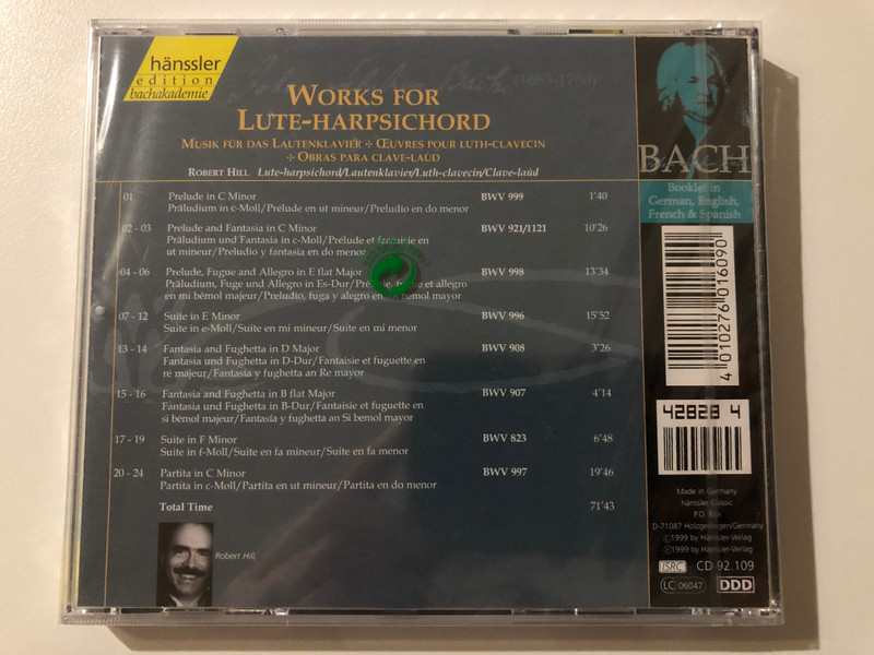 Johann Sebastian Bach - Works For The Lute-Harpsichord / Robert Hill (lute-harpsichord) / Hänssler Edition Bachakademie Audio CD 1999 / CD 92.109