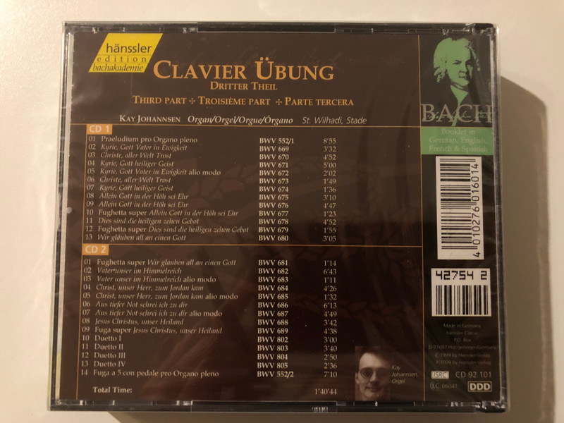 Johann Sebastian Bach - Clavier-Übung (Dritter Theil / Third Part / Troisième Part) / Kay Johannsen - organ / Hänssler Edition Bachakademie 2x Audio CD 1999 / CD 92.101
