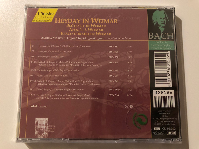 Johann Sebastian Bach - Organ Works - Heyday In Weimar / Andrea Marcon - oegan / Hänssler Edition Bachakademie Audio CD 2000 / CD 92.092