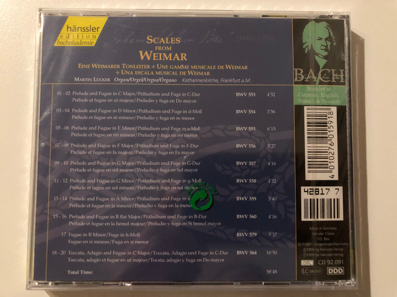 Johann Sebastian Bach - Organ Works - Scales From Weimar / Martin Lücker - organ / Hänssler Edition Bachakademie Audio CD 1999 / CD 92.091