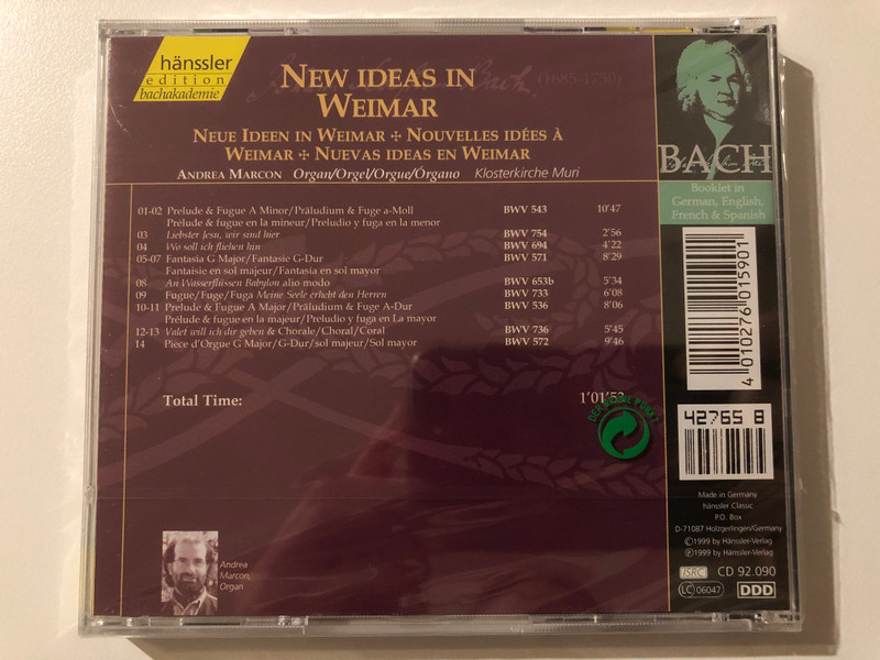 Johann Sebastian Bach - Organ Works - New Ideas in Weimar / Andrea Marcon - organ / Hänssler Edition Bachakademie Audio CD 1999 / CD 92.090