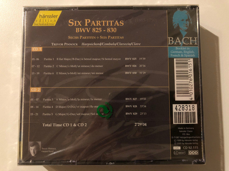 Johann Sebastian Bach - Six Partitas BWV 825-830 / Trevor Pinnock - harpsichord / Hänssler Edition Bachakademie / Hänssler Classic 2x Audio CD 2000 / CD 92.115