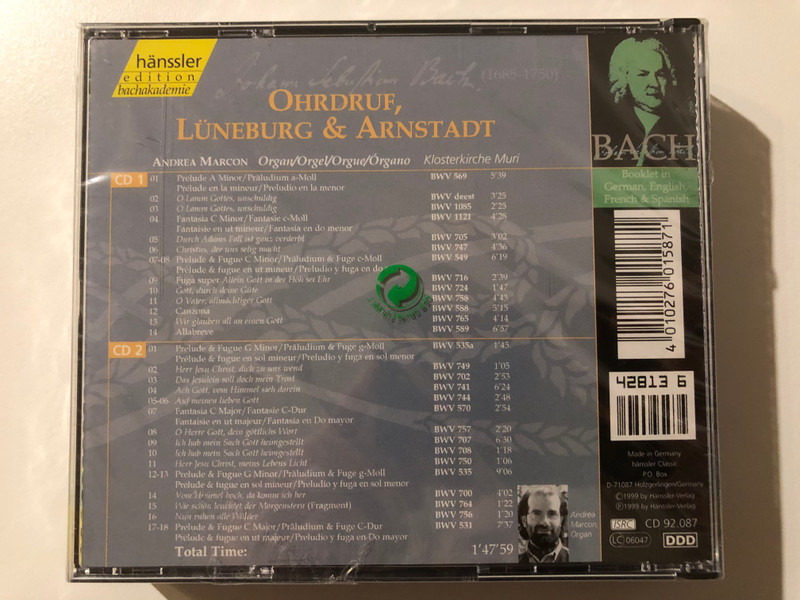 Johann Sebastian Bach - Organ Works - Ohrdruf, Lüneburg & Arnstadt / Andrea Marcon - organ / Hänssler Edition Bachakademie / Hänssler Classic 2x Audio CD 1999 / CD 92.087