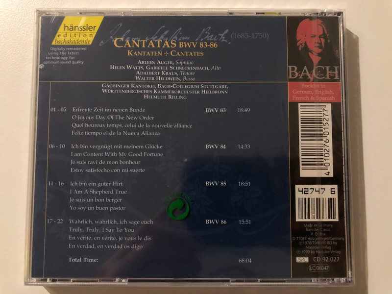 Johann Sebastian Bach - Cantatas BWV 83-86 / Bach-Ensemble, Helmuth Rilling / Hänssler Edition Bachakademie / Hänssler Classic Audio CD 1999 / CD 92.124
