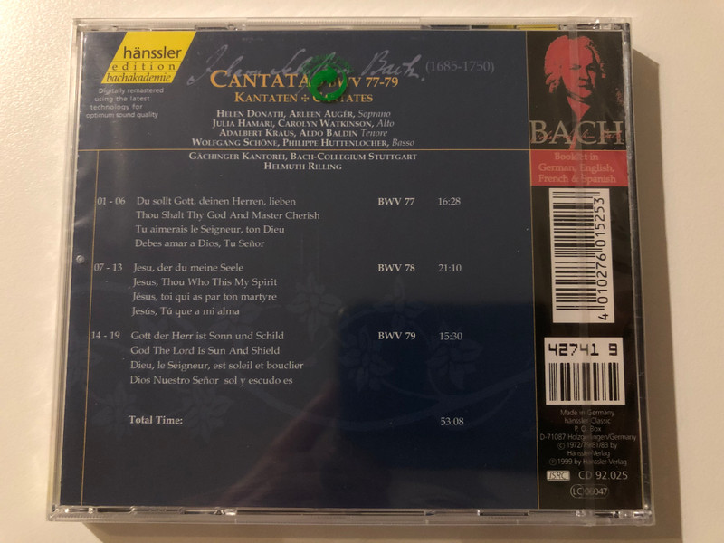 Johann Sebastian Bach - Cantatas BWV 77-79 / Du Sollt Gott,Deinen Herren,Lieben, Jesu,Der Du Meine Seele, Gott Der Herr Ist Sonn Und Schild / Bach-Ensemble, Helmuth Rilling / Hänssler Classic Audio CD 1999 / CD 92.025 