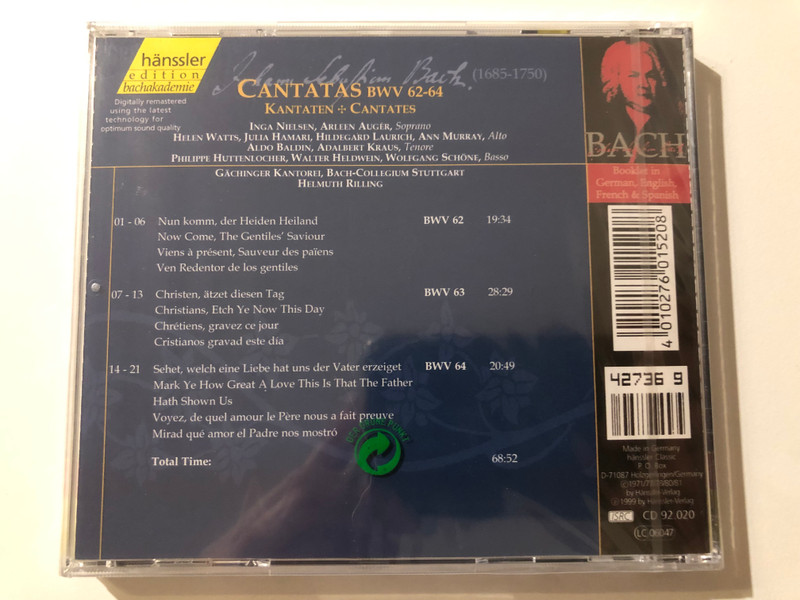 Johann Sebastian Bach - Cantatas BWV 62-64 / Nun komm, der Heiden Heiland; Christen, atzet diesen Tag; Sehet, welch eine Liebe hat uns der Vater erzeiget / Bach-Ensemble, Helmuth Rilling / Hänssler Classic Audio CD 1999 / CD 92.020