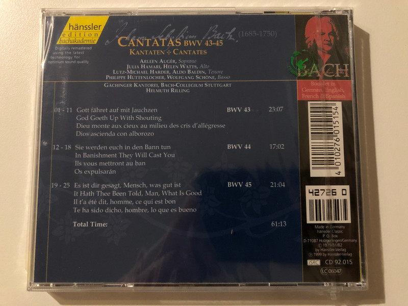 Johann Sebastian Bach - Cantatas BWV 43-45 / Gott fahret auf mit Jauchzen; Sie Werden euch in den Bann tun; Es ist dir geasgt, Mensch, was gut ist / Bach-Ensemble, Helmuth Rilling / Hänssler Classic Audio CD 1999 / CD 92.015
