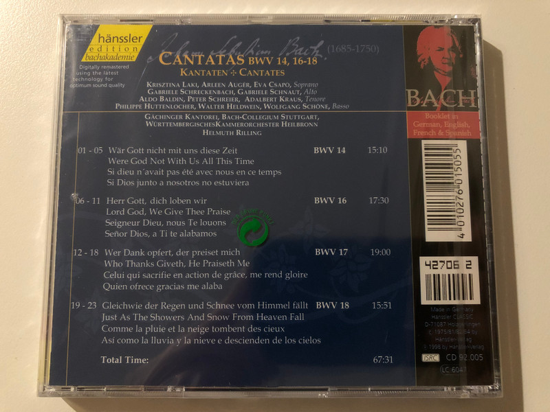 Johann Sebastian Bach - Cantatas BWV 14, 16-18 (Wär Gott Nicht Mit Uns Diese Zeit; Herr Gott, Dich Loben Wir; Wer Dank Opfert, Der Preiset Mich; Gleichwie Der Regen Und Schnee Vom Himmel Fällt / Hänssler Classic Audio CD 1998 / CD 92.005