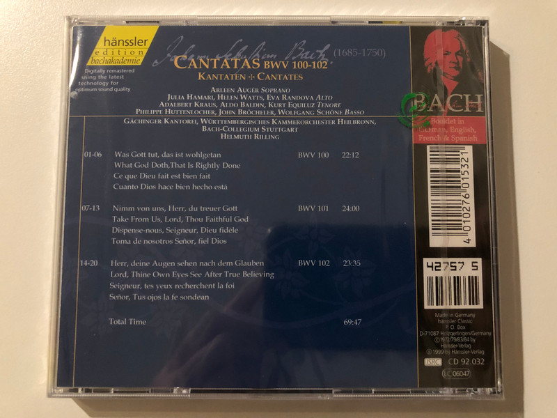 Johann Sebastian Bach - Cantatas BWV 100-102/ Was Gott tut, das ist wohlgetan; Nimm von uns, Herr, du treuer Gott; Herr, diene Augen sehen nach dem Glauben / Bach-Ensemble, Helmuth Rilling / Hänssler Classic Audio CD 1999 / CD 92.032